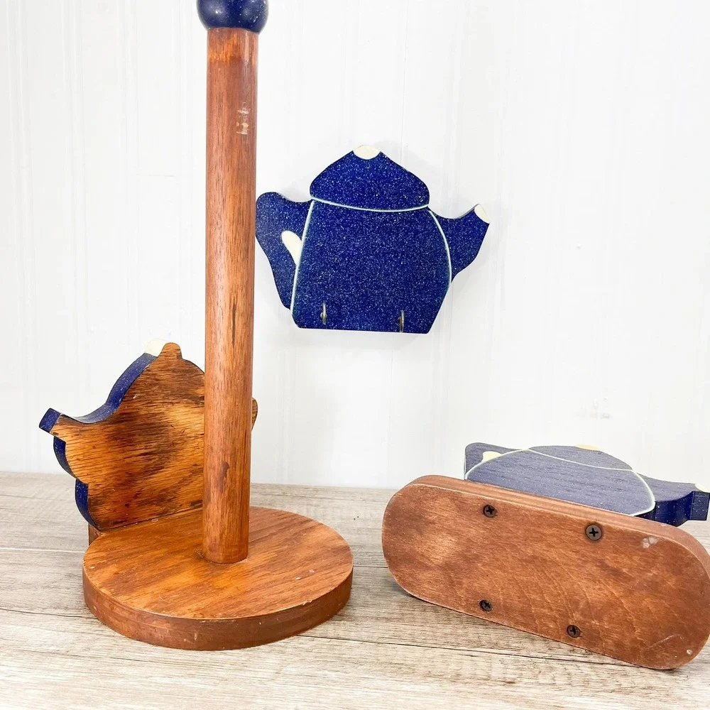 Blue Teapot Kitchen Decor Set:‎ Paper Towel & Napkin Holder, Oven Mitt Hook